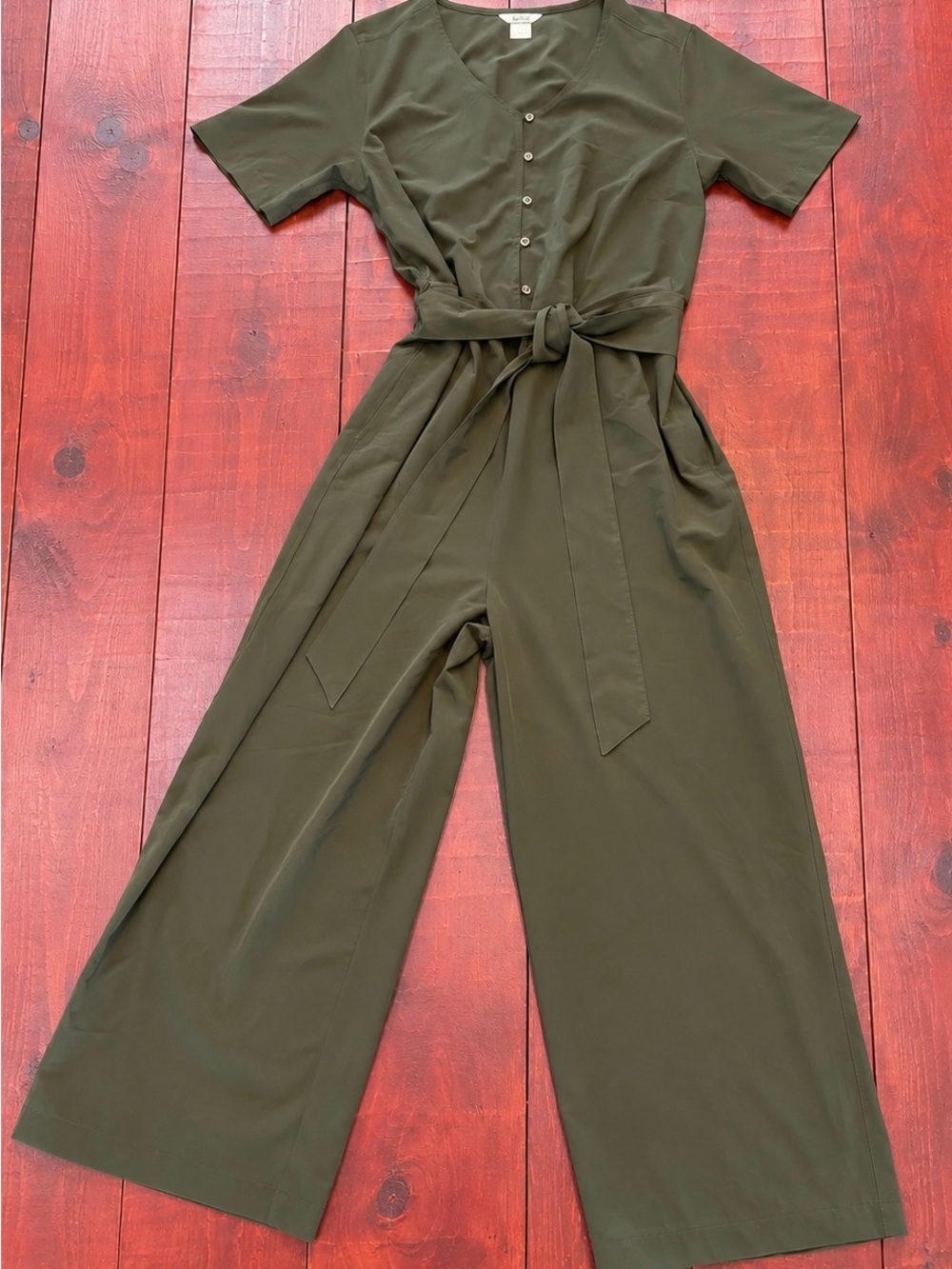 Duluth Trading Co Olive Green Short-Sleeve Wide-Leg Jumpsuit with Tie